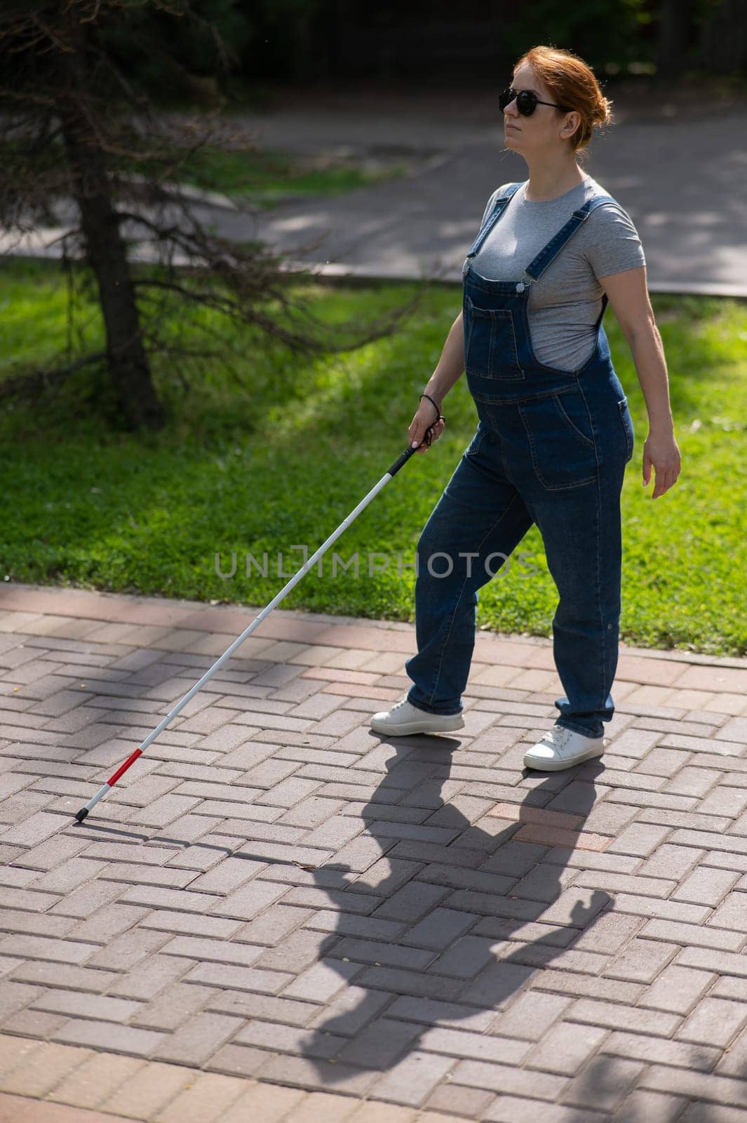 Blind pregnant woman walking in the park with a cane