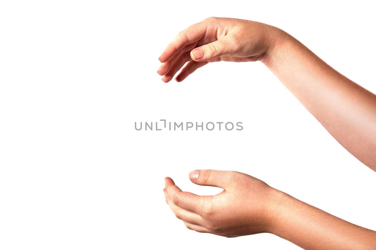Two hands together. Isolated on a white background.