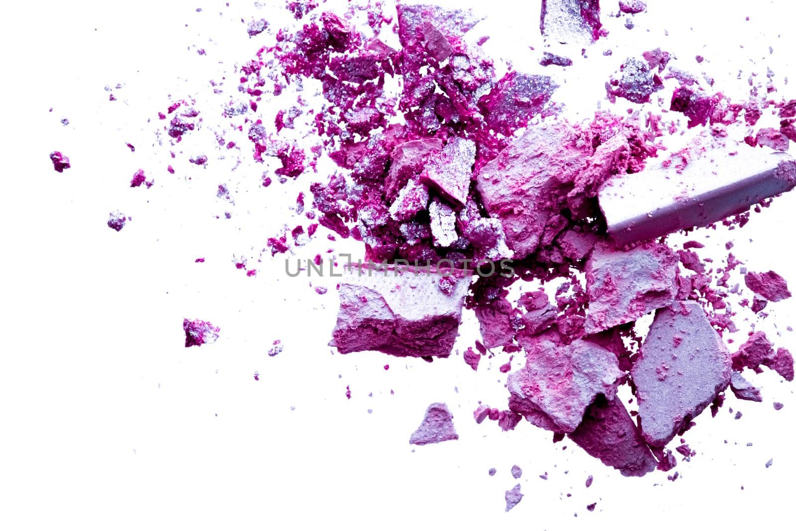 Powder cosmetics, mineral organic eyeshadow, blush or crushed cosmetic product isolated on white background, makeup and beauty banner, flatlay design.