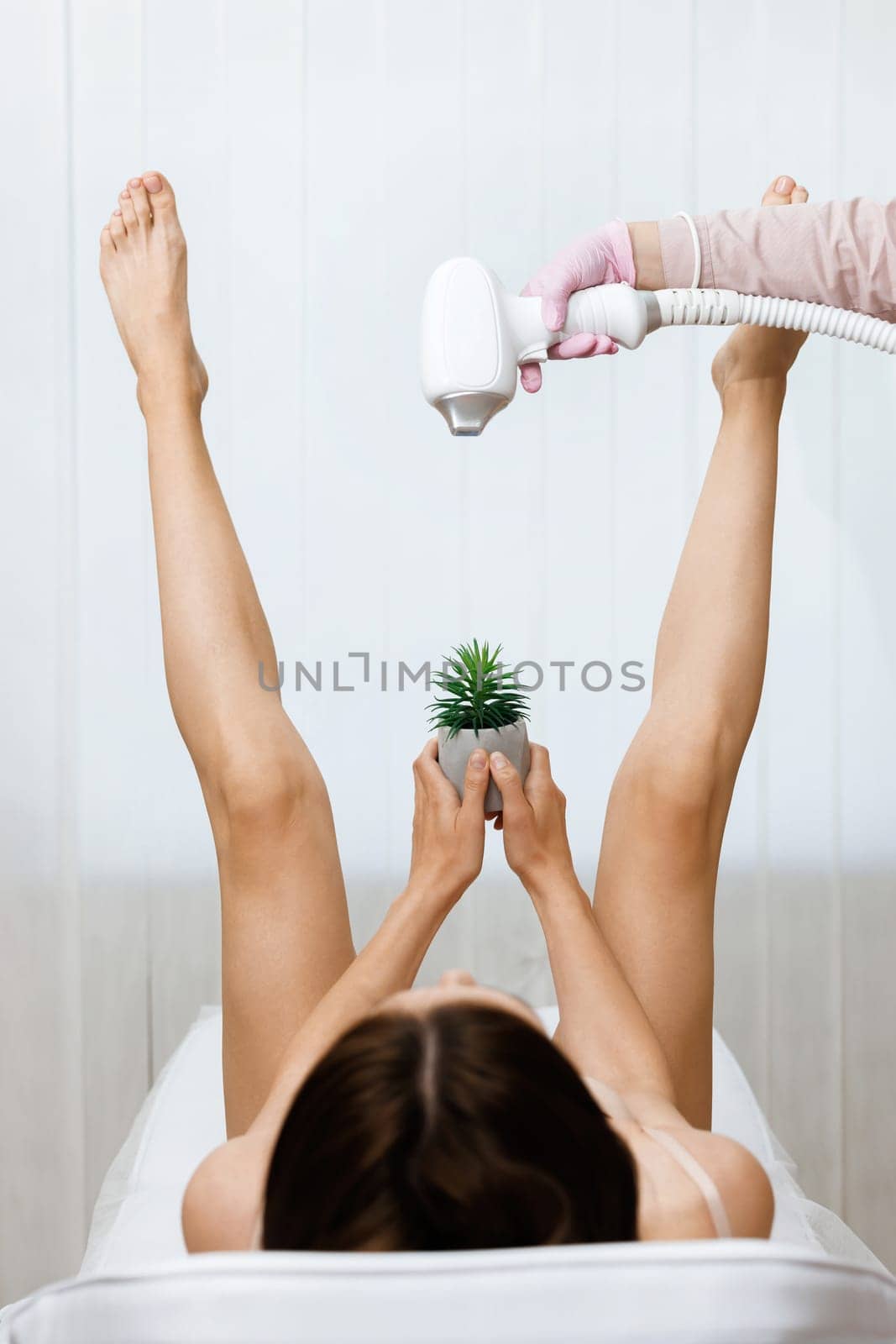 Bikini Laser hair removal. Woman lifted her beautiful long legs apart, holding a prickly plant between her legs. Hand holding laser gun of medical equipment. Concept of depilation and epilation by uflypro