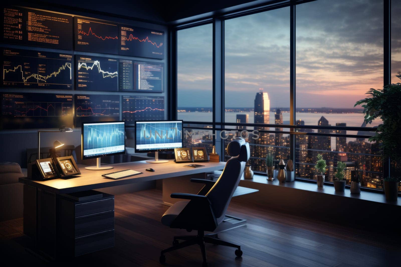 Modern office. Many monitors with financial data. generative AI by designer491