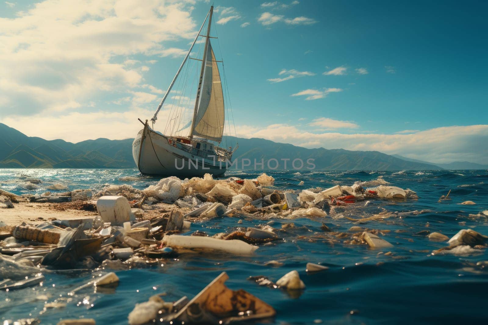 The yacht floats in the sea among the garbage. Pollution of the oceans. AI generated.