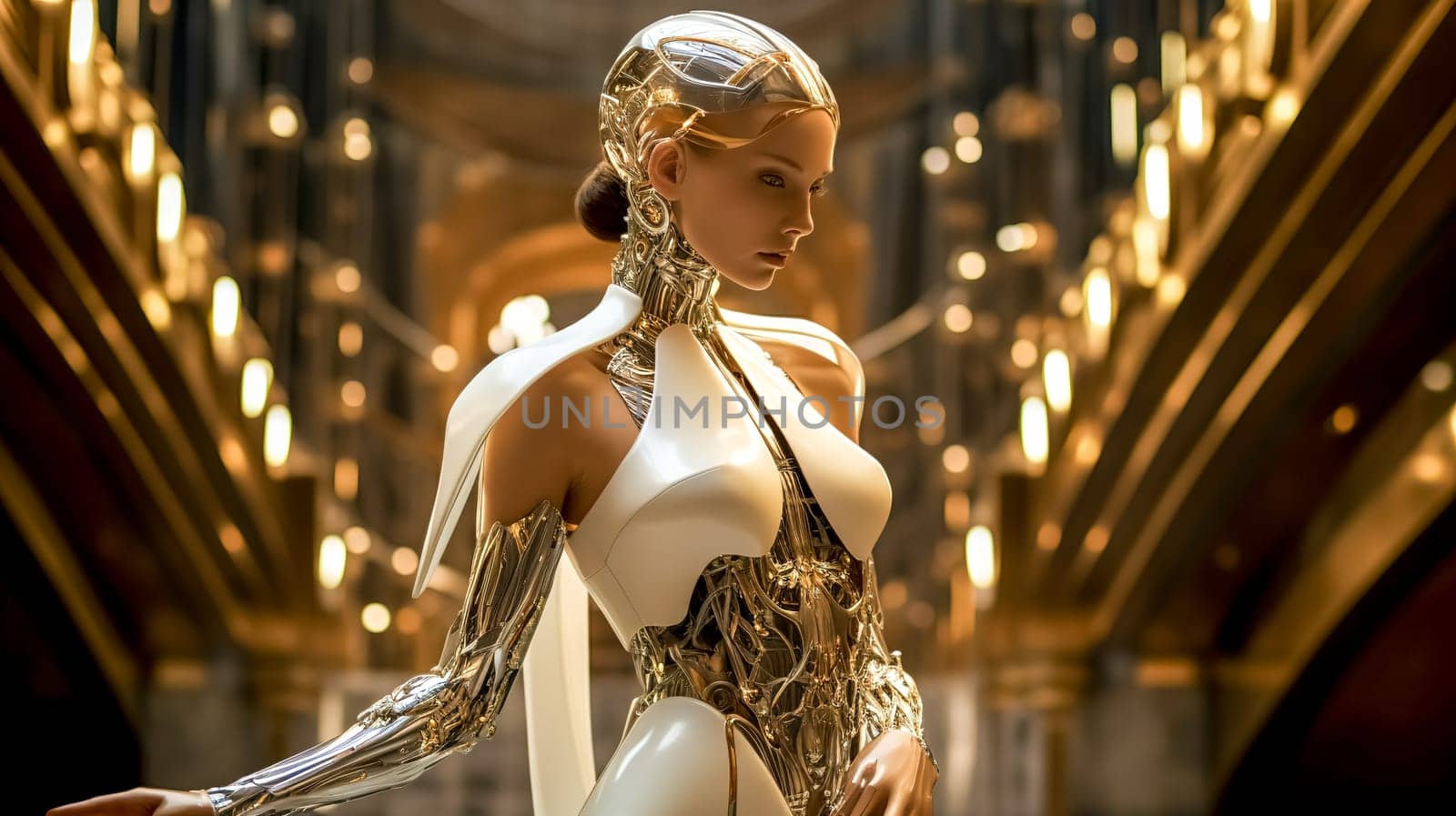 futuristic robot in social suits at a ball in the theater, made with Generative AI by Edophoto