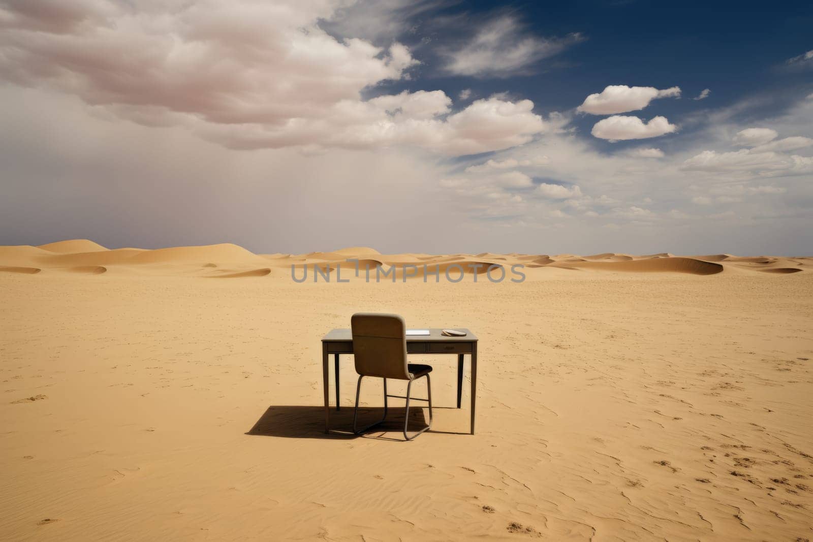 The desk is in the middle of the desert for silence and concentration. AI generated.