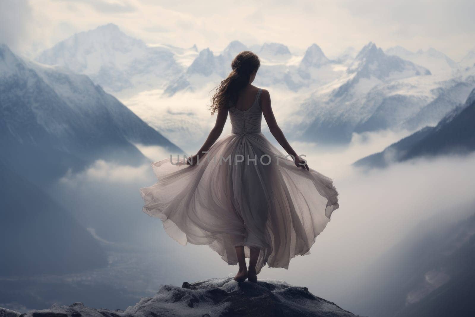 A ballerina in a beautiful dress stands on top of a snowy mountain. Fashion luxury concept. AI generated.