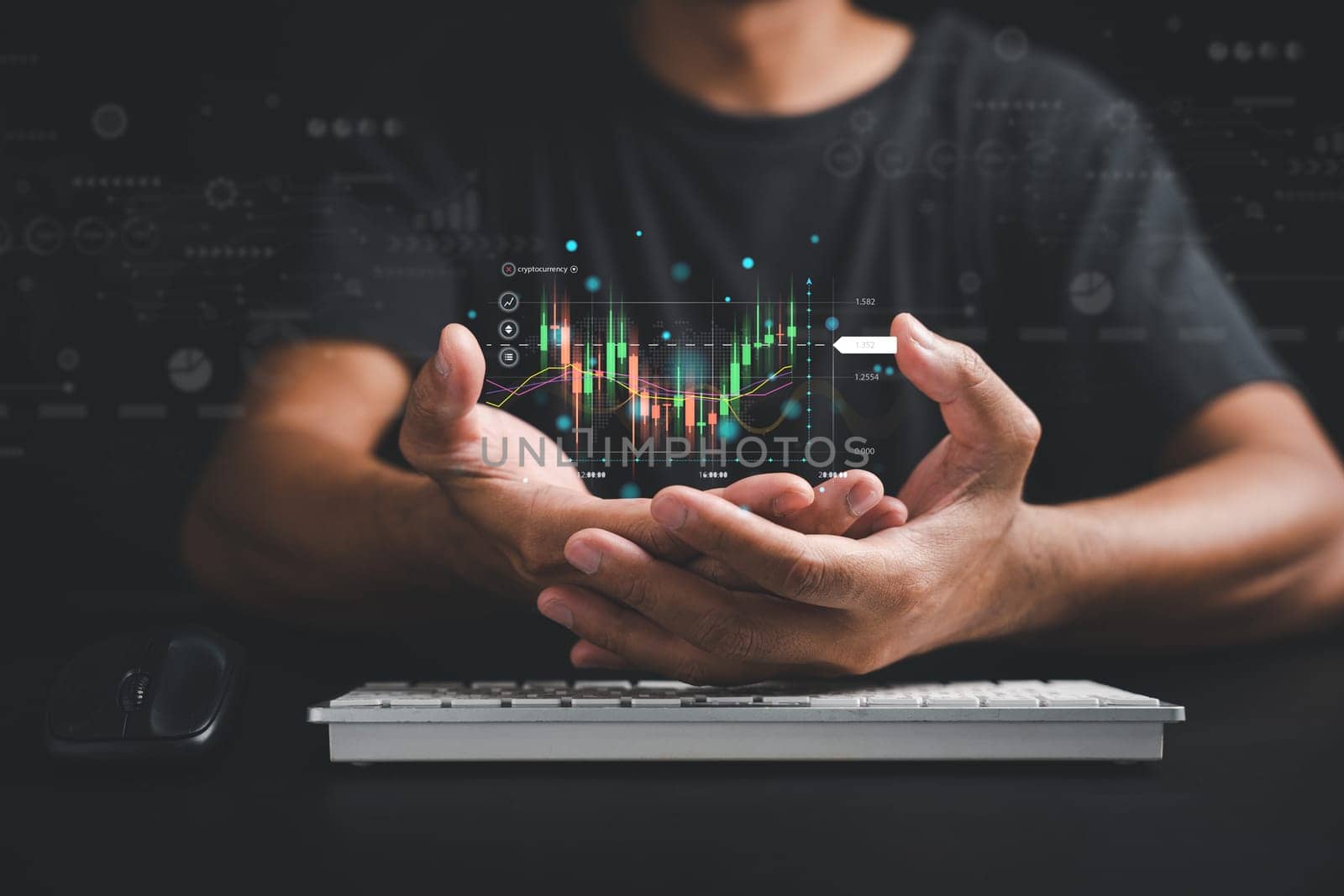 Trader or investor man presents a hologram of a growing stock chart on his palm in a close-up. Stock market data analysis, strategic planning, and business growth concepts. Empower your success.