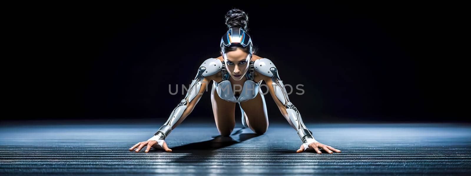 robot ready to start for running, energy and movement speed to reach the goal, banner made with Generative AI by Edophoto