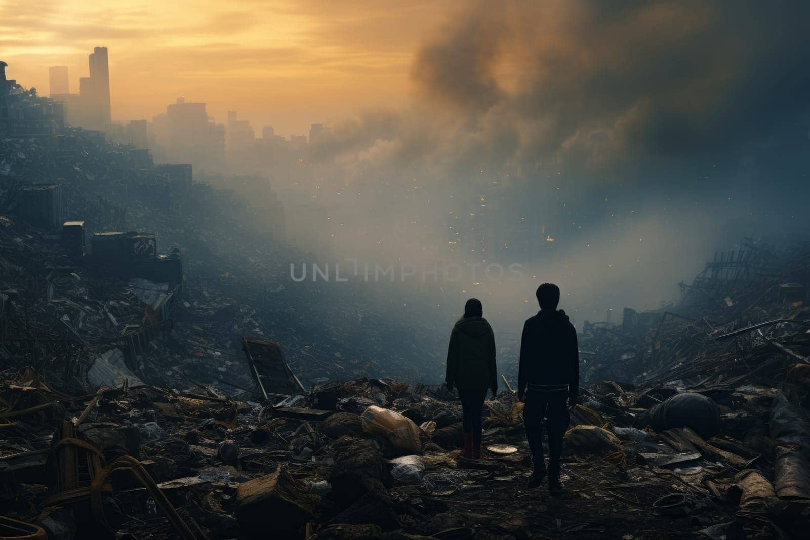 Unrecognizable teenagers in a city garbage dump. Pollution and ecology damage. AI generated.