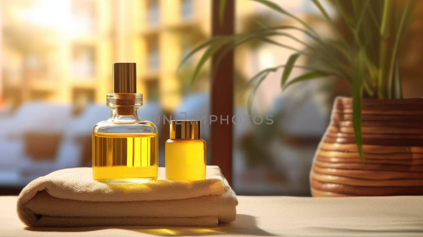 Concept of spa salon. Natural organic oil, towel, decor. Atmosphere of relax. Anti-stress and detox procedure. AI generated