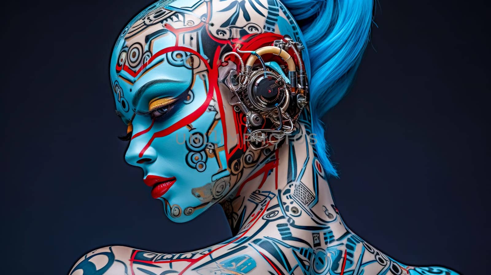 creatively tattooed robot in the studio, made with Generative AI by Edophoto