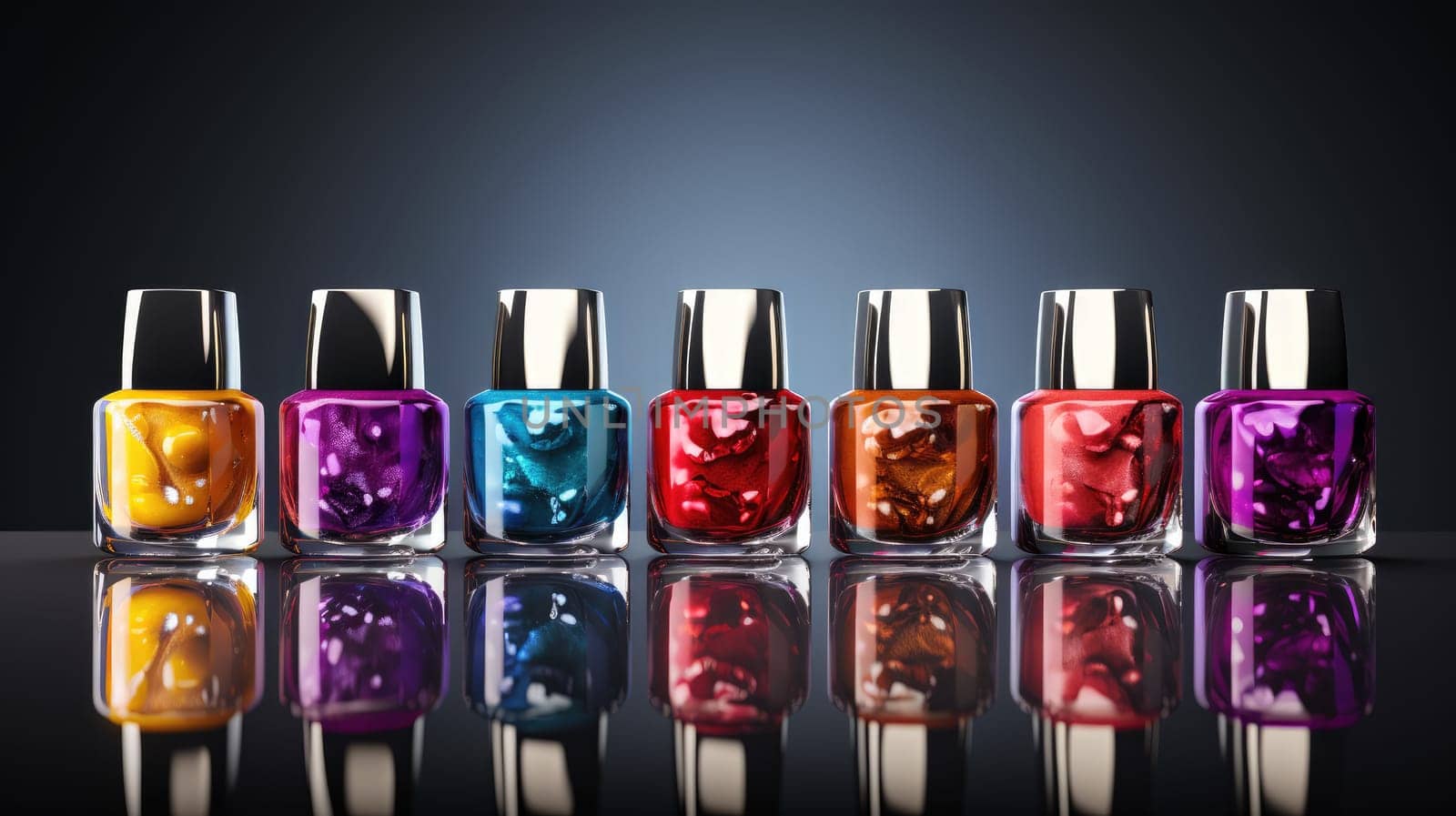 Group of bright nail polishes isolated on black. Bottles of nail polish. AI generated image