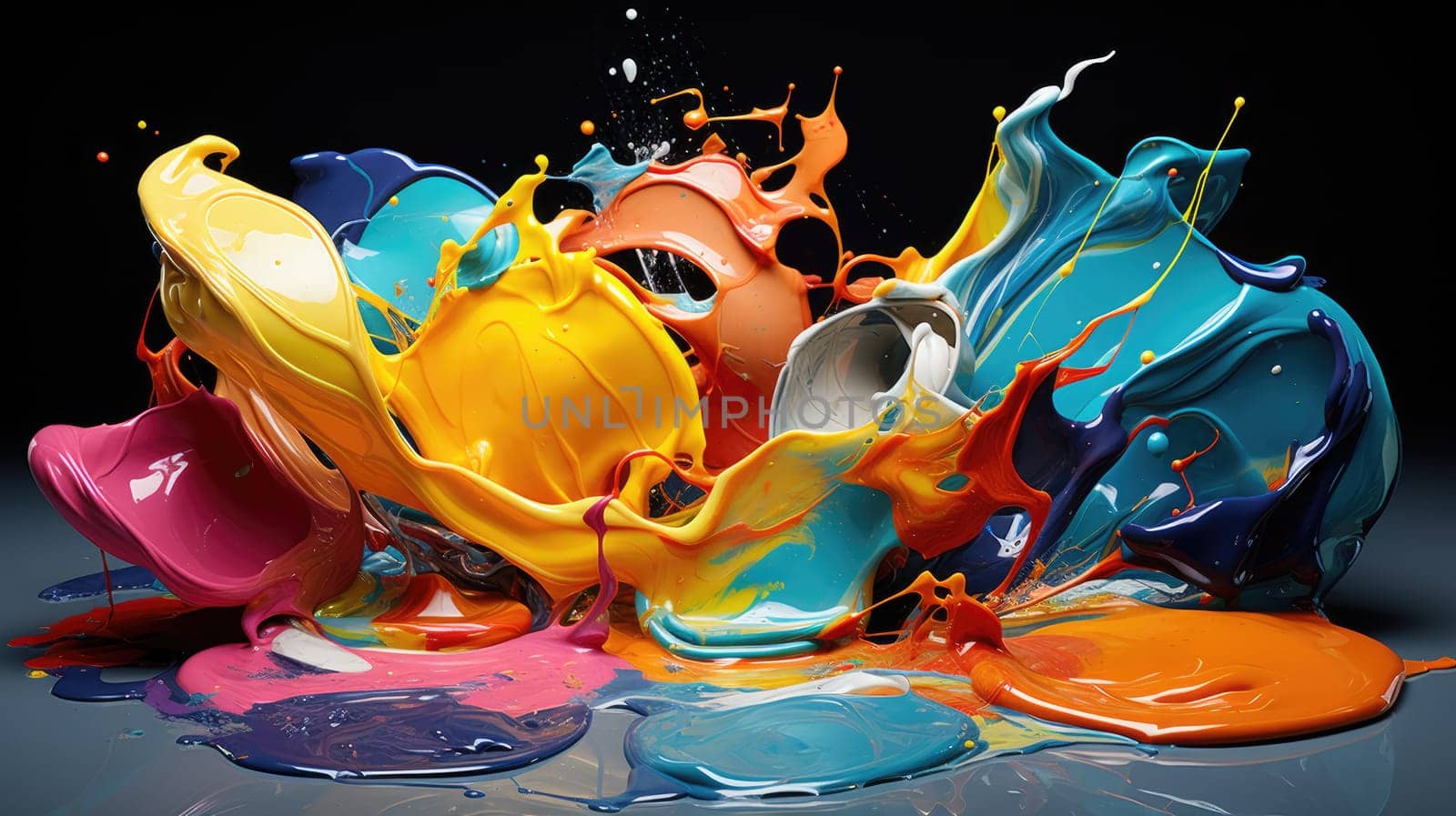Splashes of oil paint on a black background. AI generated image. Liquid paint spreads to the sides