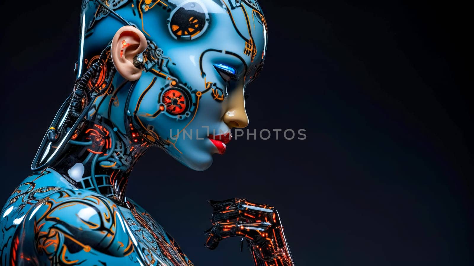 artistic creatively tattooed robot in the studio, copy space made with Generative AI by Edophoto