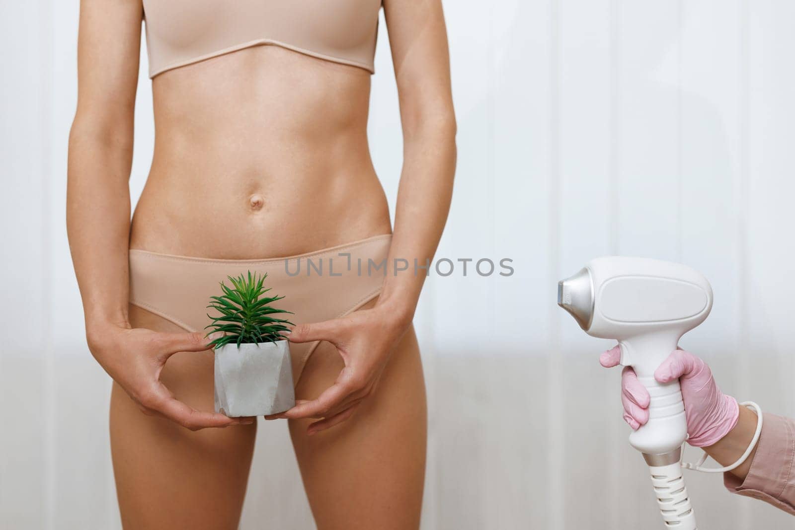 Close-up of bikini area depilation. Hair removal, joke, laser epilation, fun. Woman holds a cactus on the background of panties. Concept bikini laser hair removal by uflypro