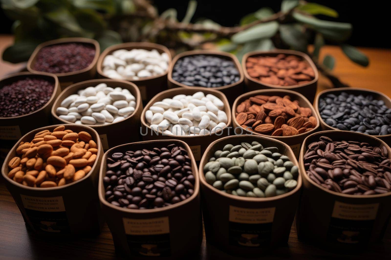 various coffee beans in bowls, AI Generated by Desperada