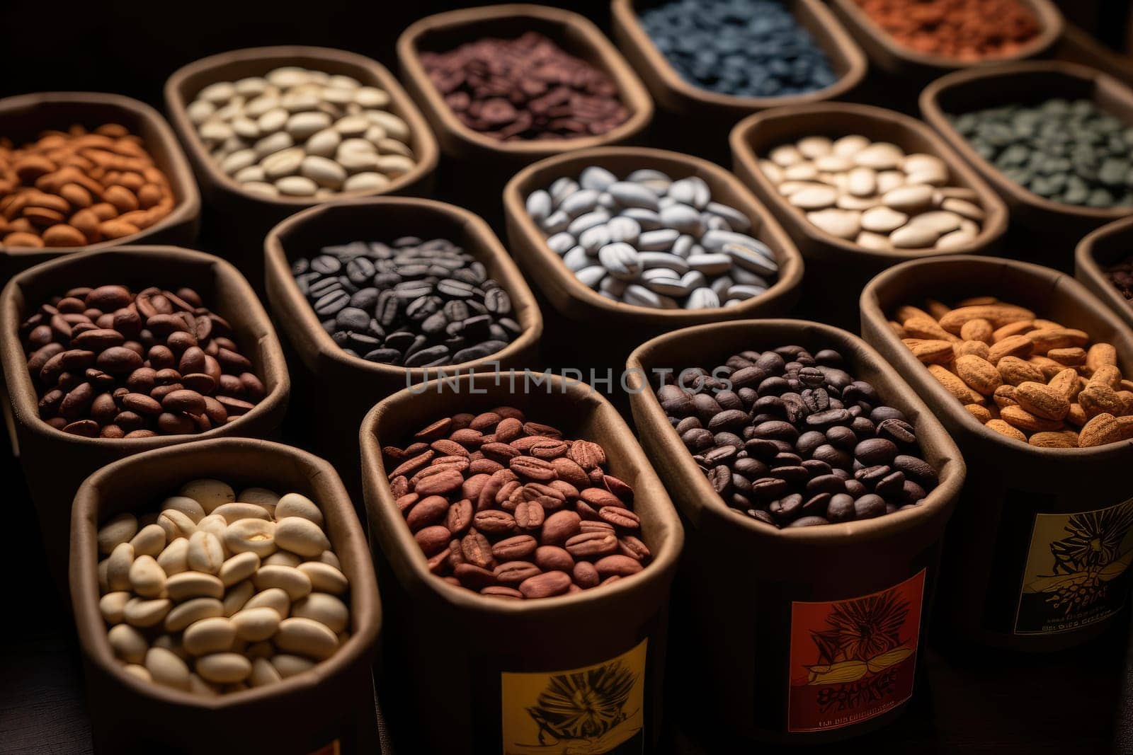 various coffee beans in bowls, AI Generative
