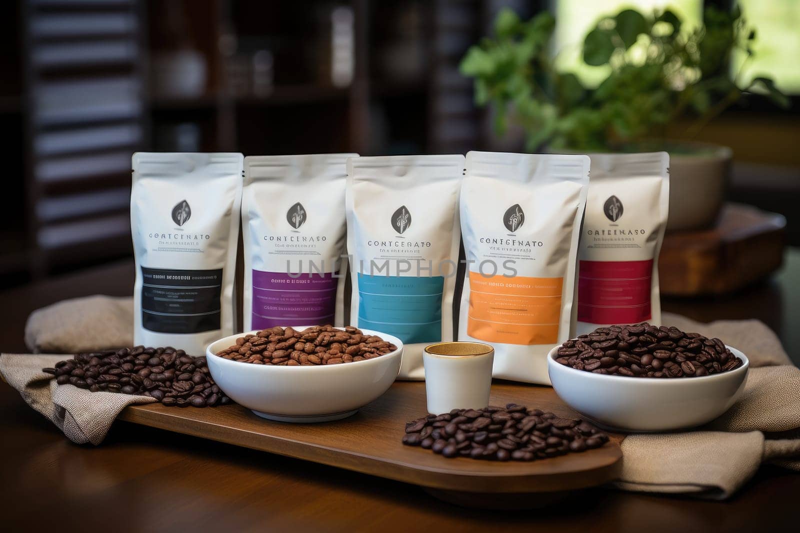 various coffee beans in bowls and coloorful bags , degustation, AI Generative