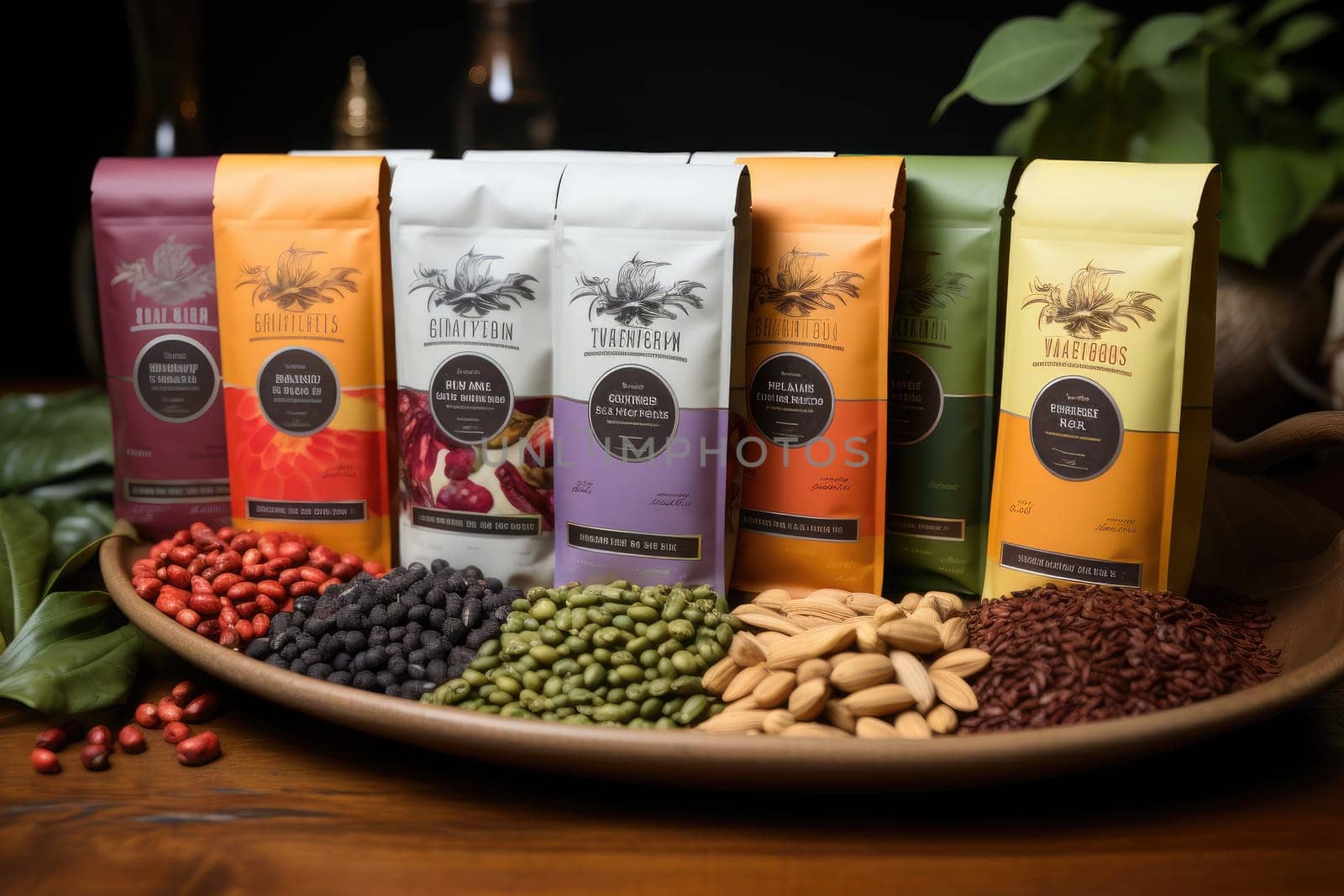 various coffee beans in bowls and coloorful bags , AI Generated by Desperada