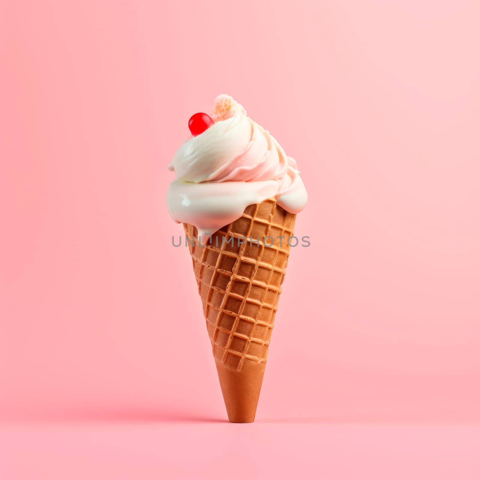 Ice cream in a waffle cup on a pink background. minimalism.