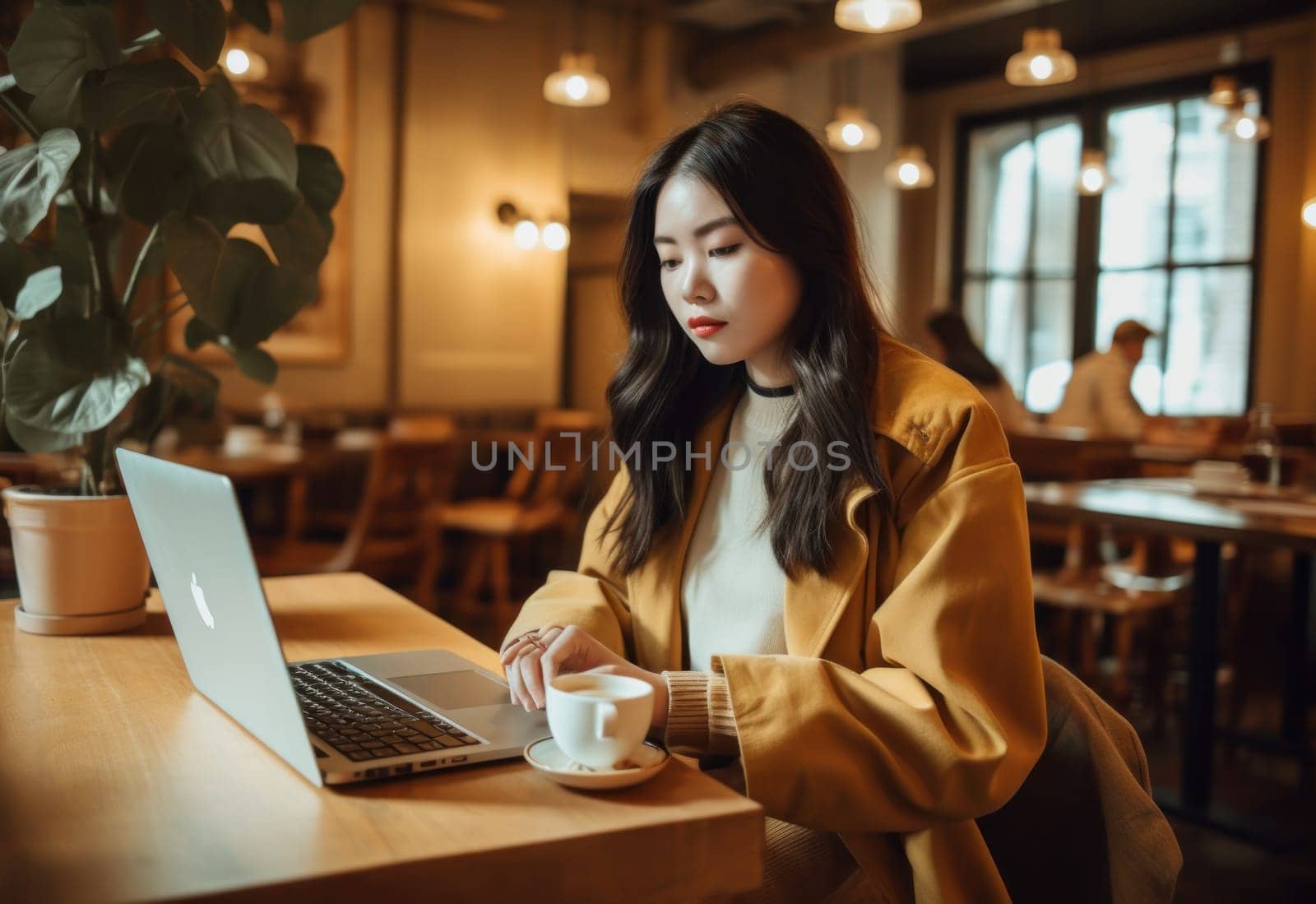 Happiness Attractive Asian woman in yellow shirt working with computer laptop thinking to get ideas and requirement in Business startup at modern office. AI Generative. by Benzoix