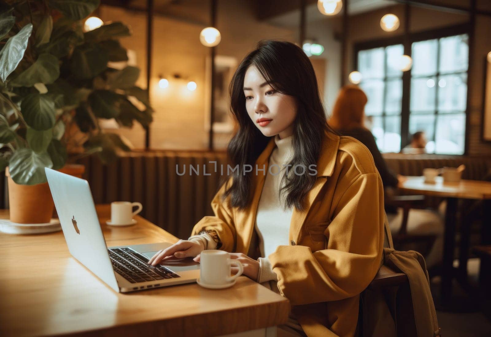 Happiness Attractive Asian woman in yellow shirt working with computer laptop thinking to get ideas and requirement in Business startup at modern office. AI Generative