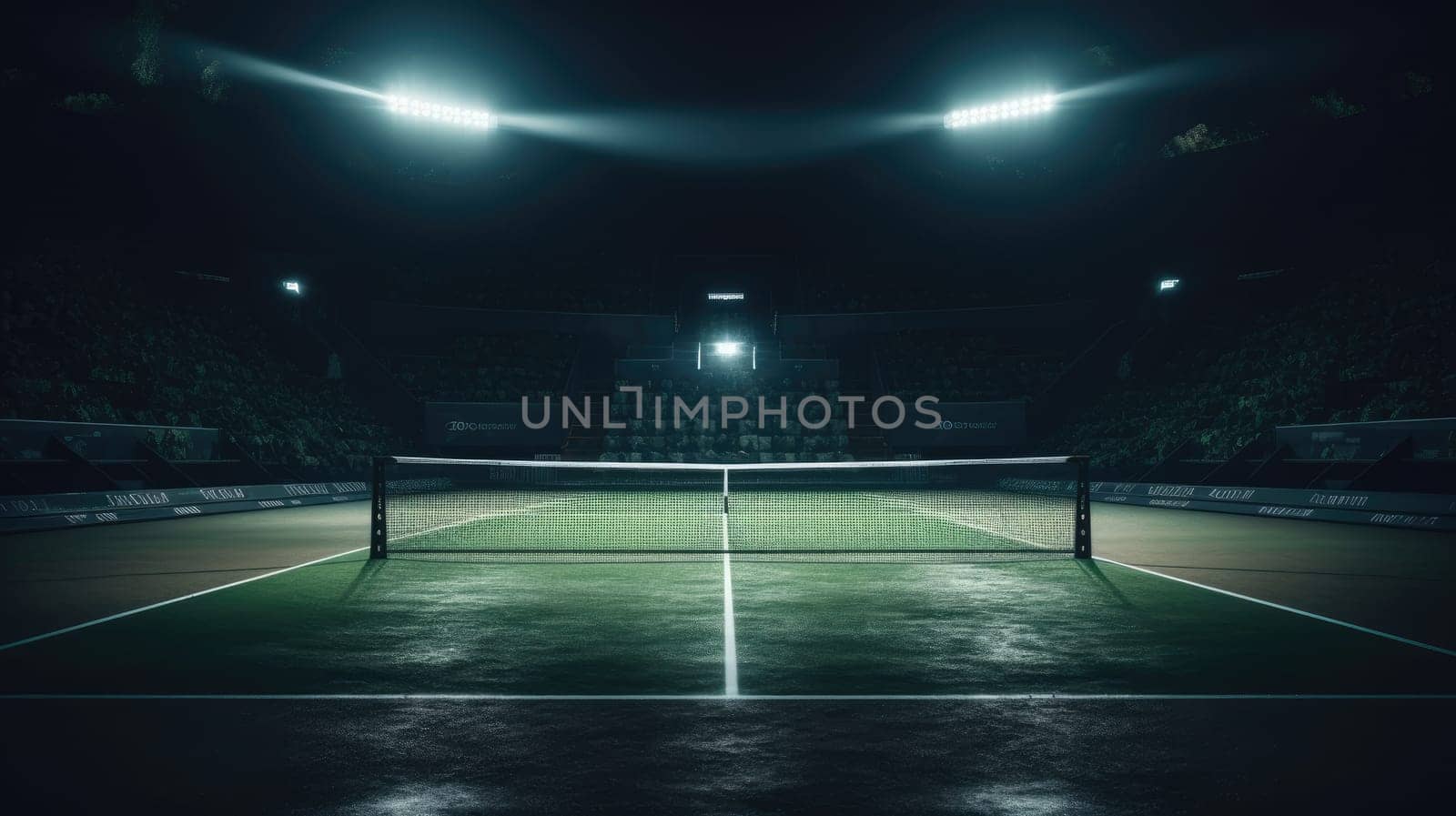 View of a tennis court with light from the spotlights over dark background. AI generated image