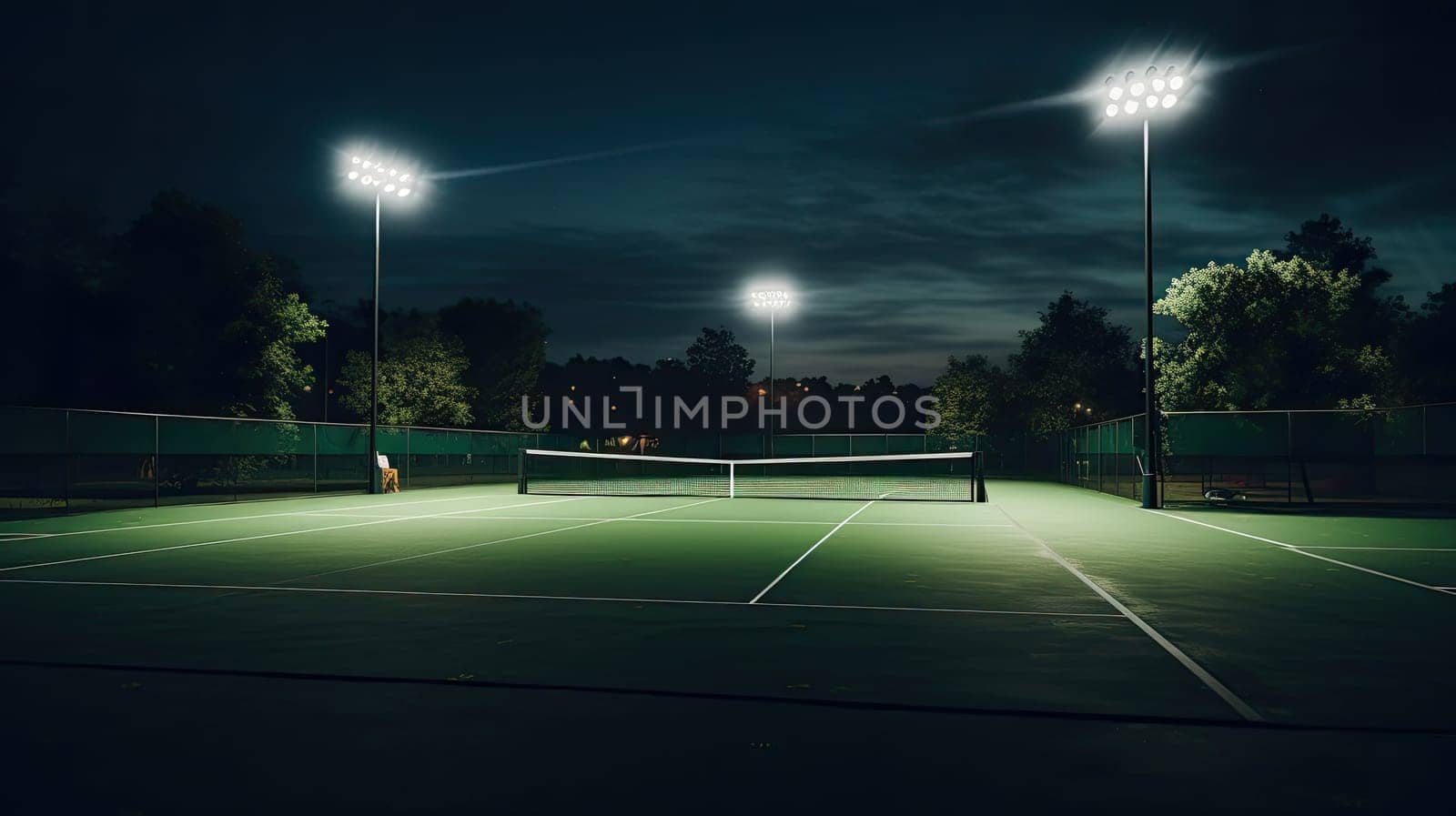 View of a tennis court with light from the spotlights over dark background by natali_brill