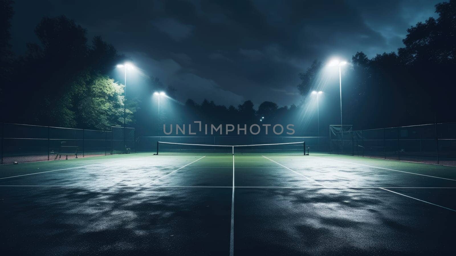 View of a tennis court with light from the spotlights over dark background by natali_brill