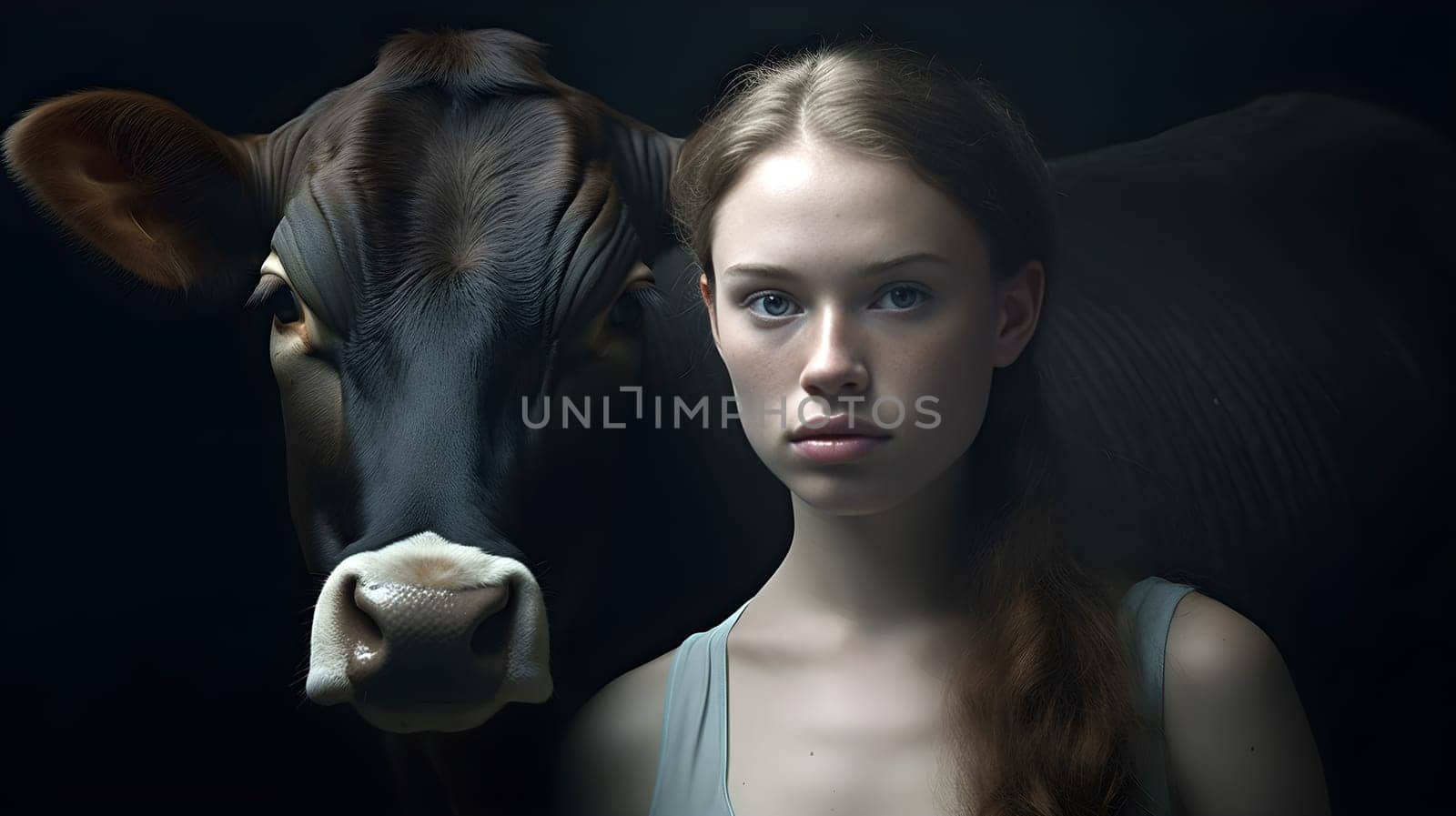 Young girl sitting in the dark with a cow beside her - AI Generative