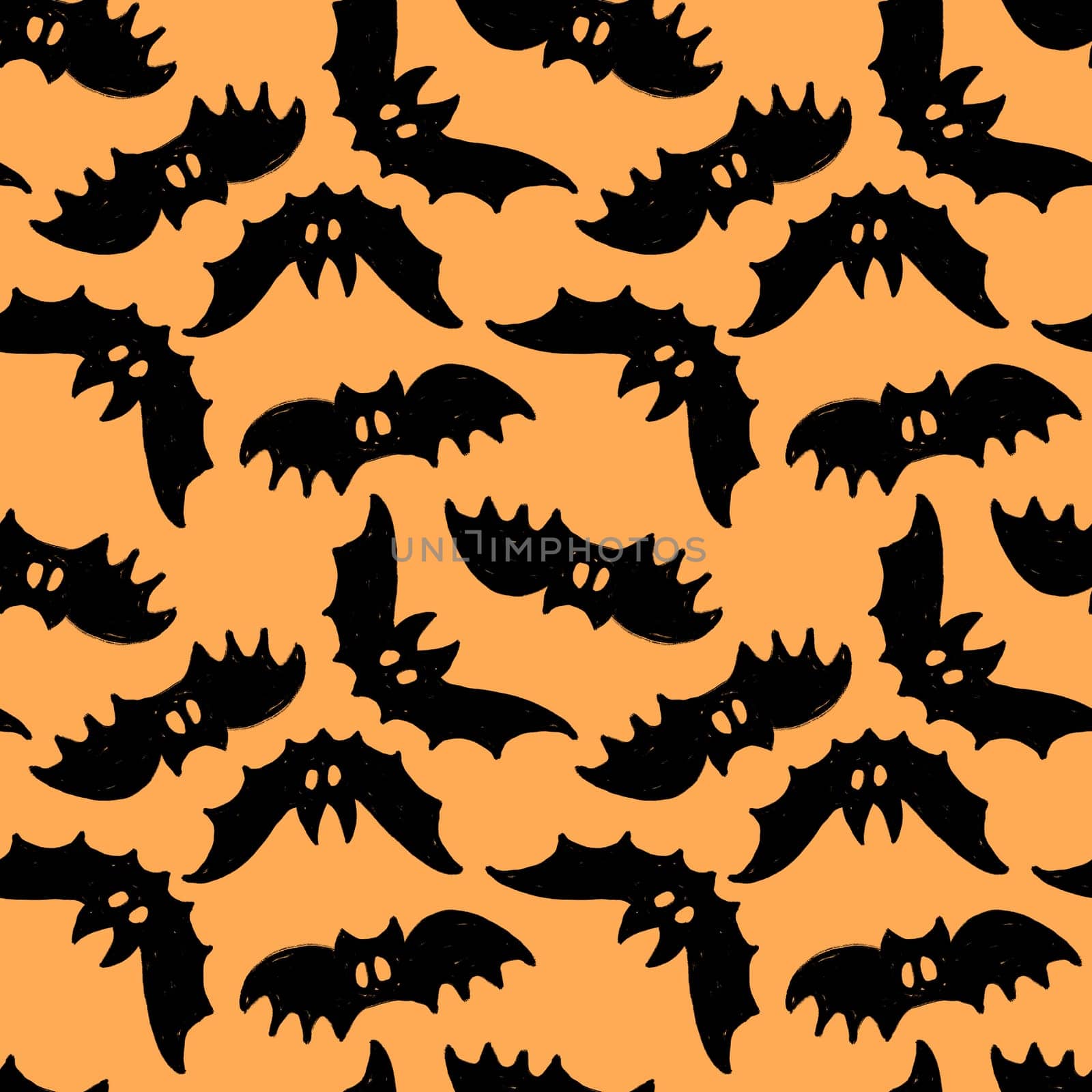 Hand drawn seamless pattern with black Halloween bats on orange background. Fall autumn scary spooky horror print, flying vampires season art