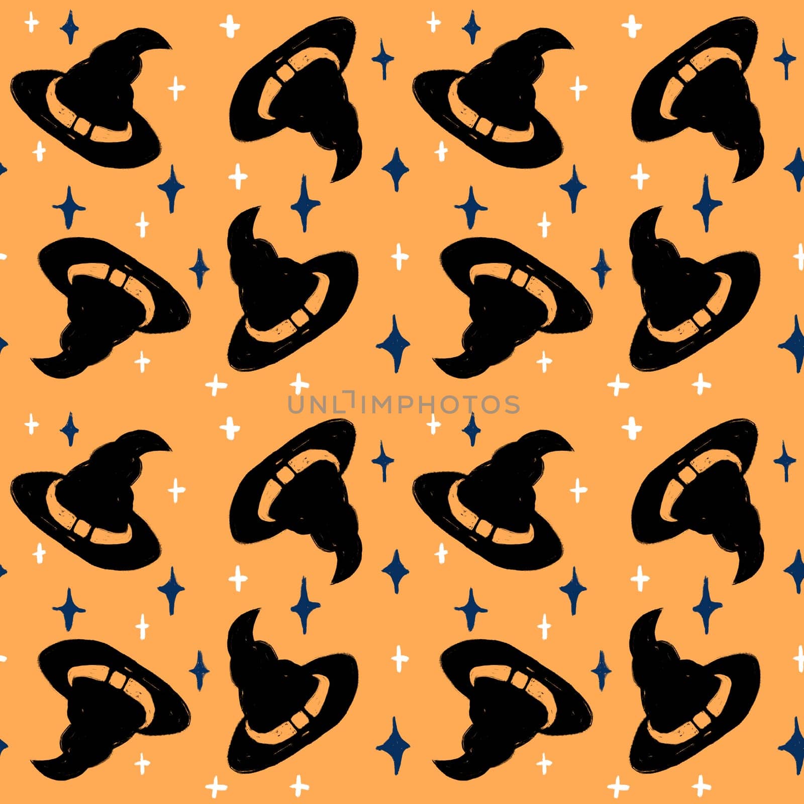 Hand drawn seamless pattern with black Halloween witch witchcraft hat on orange background. Fall autumn scary spooky horror print, cute funny kawaii season art