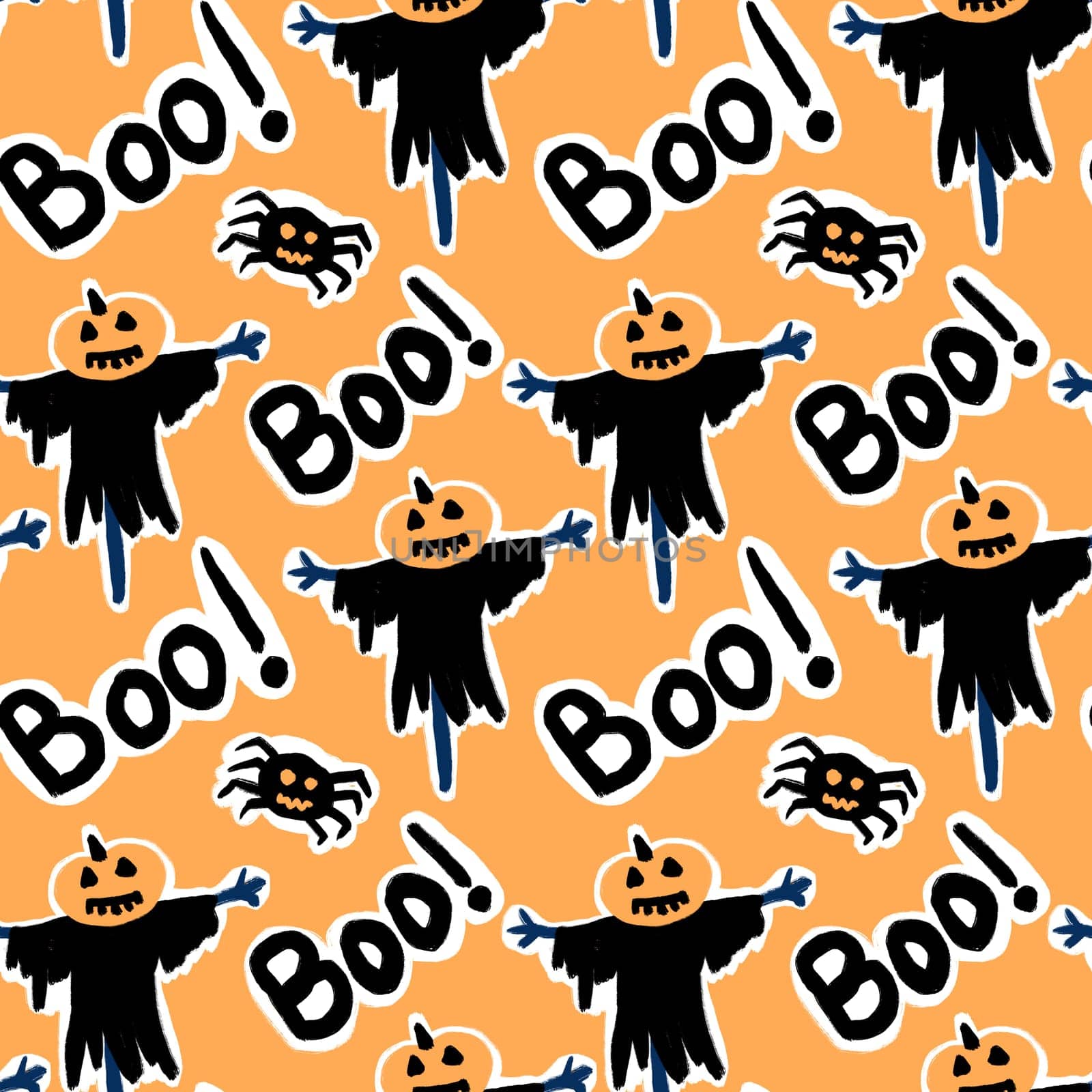 Hand drawn seamless pattern with black Halloween spider scarecrow boo on orange background. Fall autumn scary spooky horror print, cute funny kawaii season art. by Lagmar