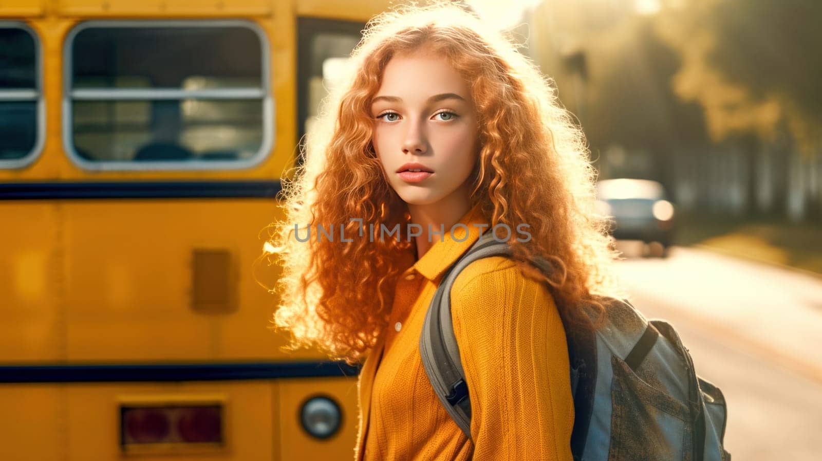 Happy caucasian teenager female student holding books looking at camera with blurred school building on background. Back to school. Generative Ai. by JuliaDorian