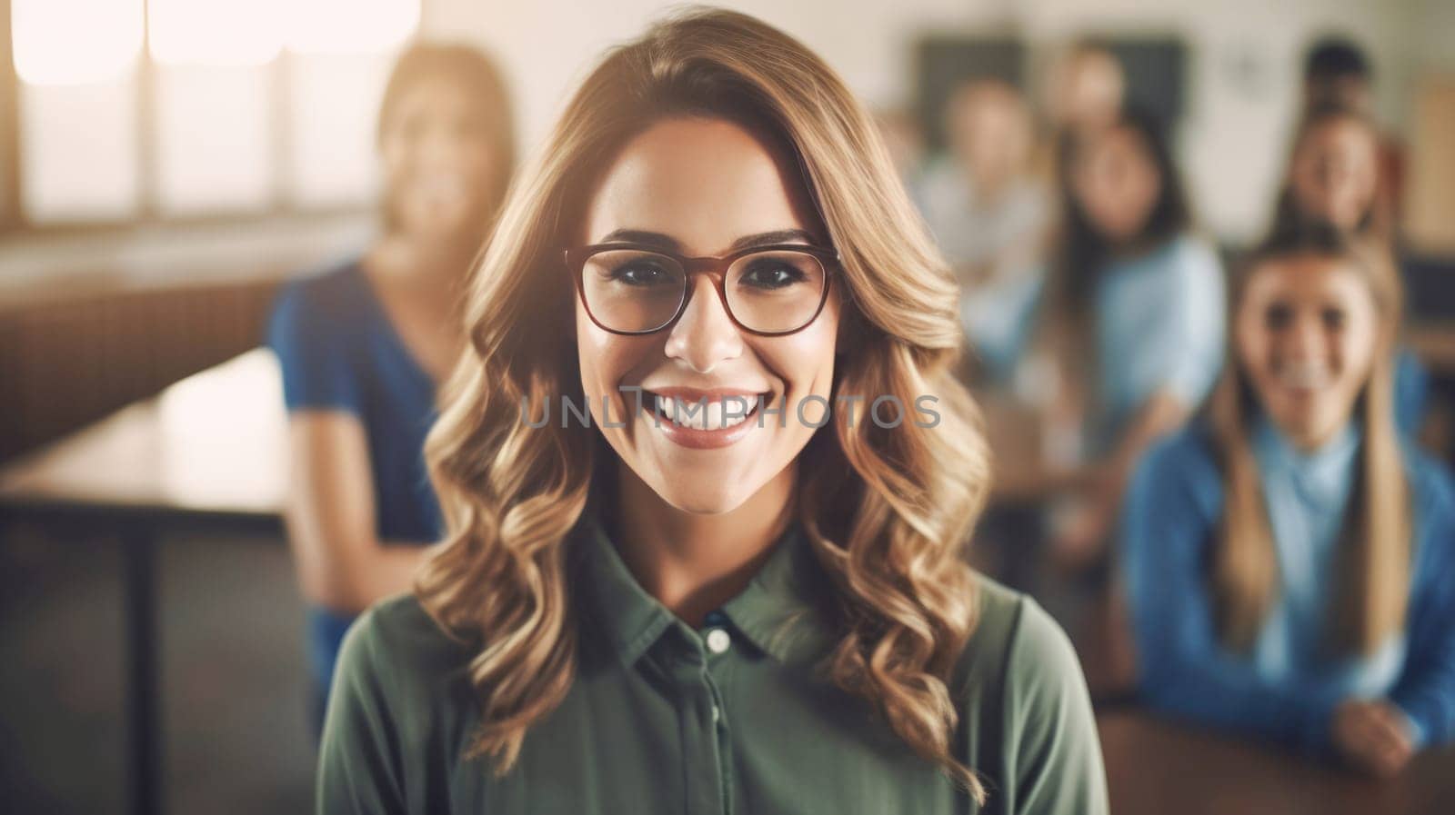 Pretty smiling female teacher looking at camera, kids on background in classroom at the elementary school. Back to school. Generative ai