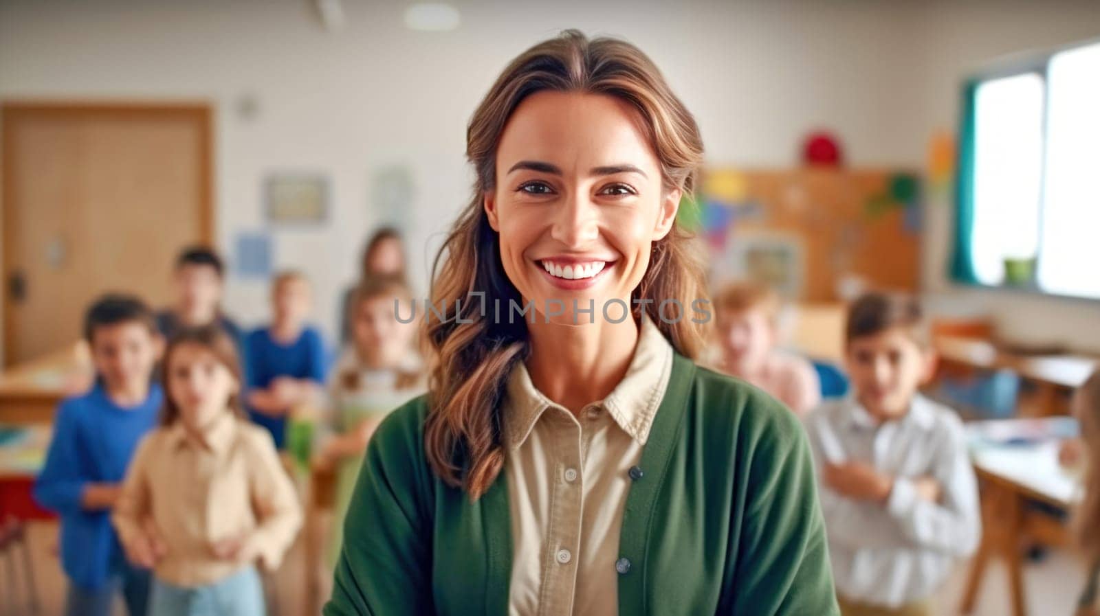 Pretty smiling female teacher looking at camera, kids on background in classroom at the elementary school. Back to school. Generative ai. by JuliaDorian