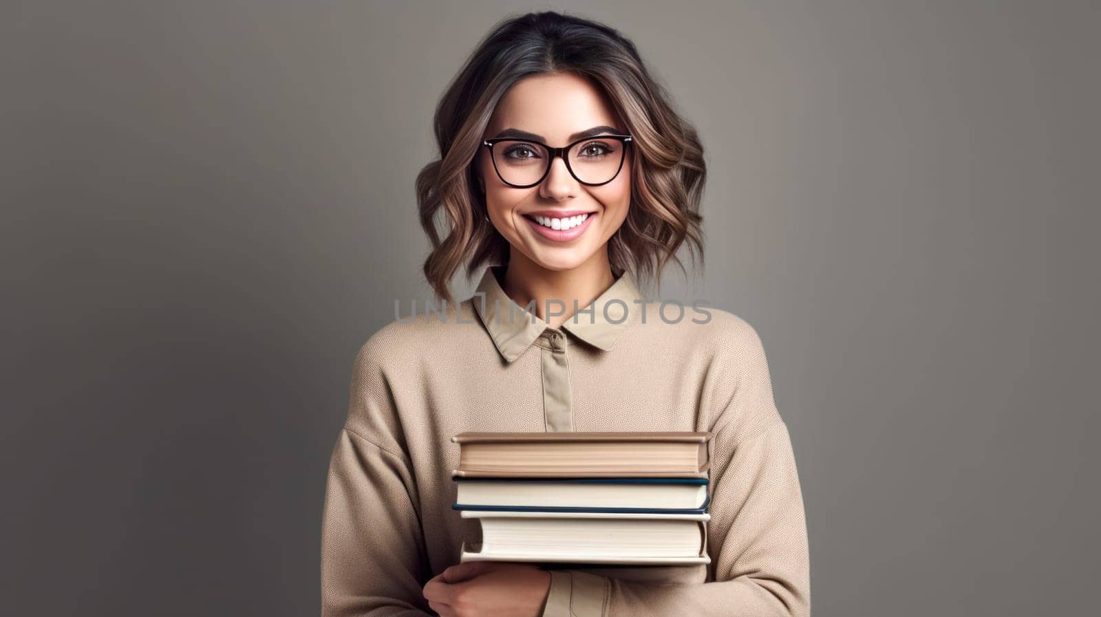 Pretty smiling female teacher looking at camera, kids on background in classroom at the elementary school. Back to school. Generative ai