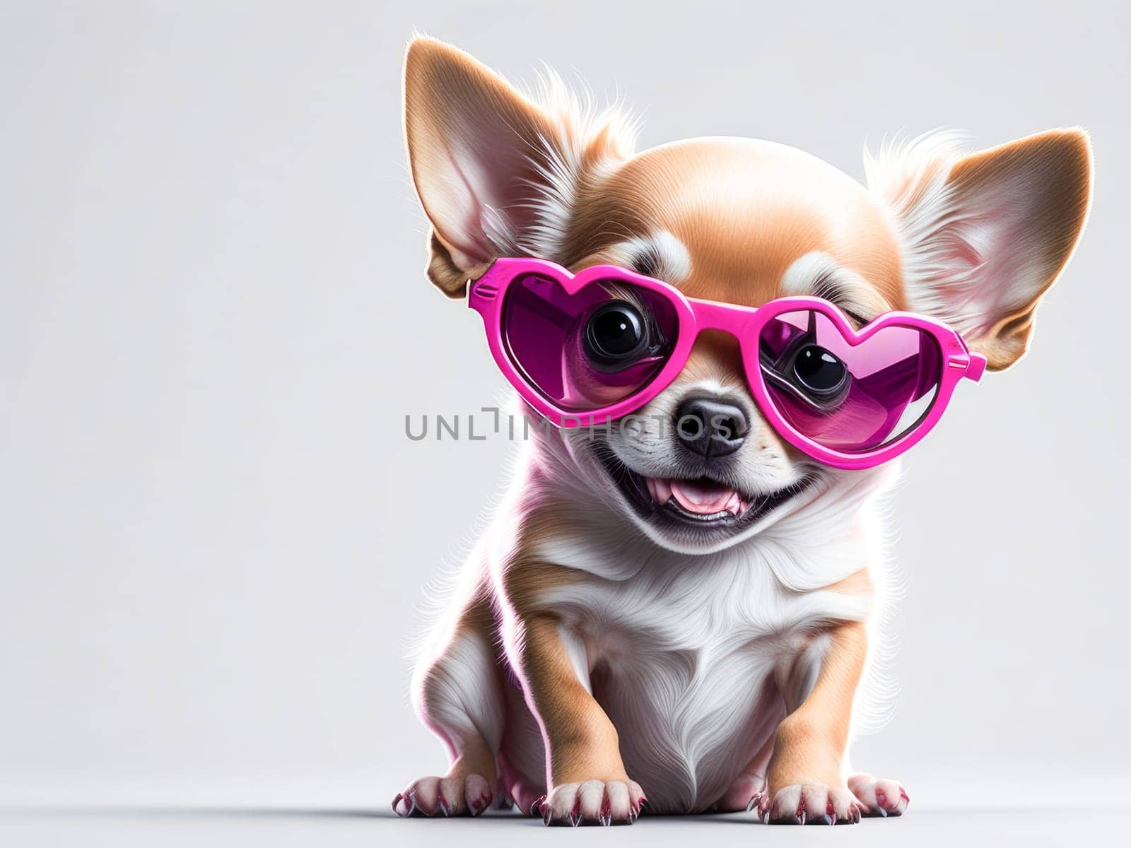 Cute funny chihuahua puppy wearing pink heart shaped sunglasses on white background. Generative Ai. by JuliaDorian