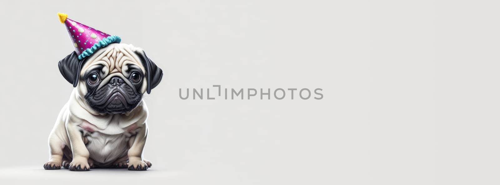 Banner of cute funny pug puppy wearing birthday hat on white background. Copy space. Space for text. Generative Ai