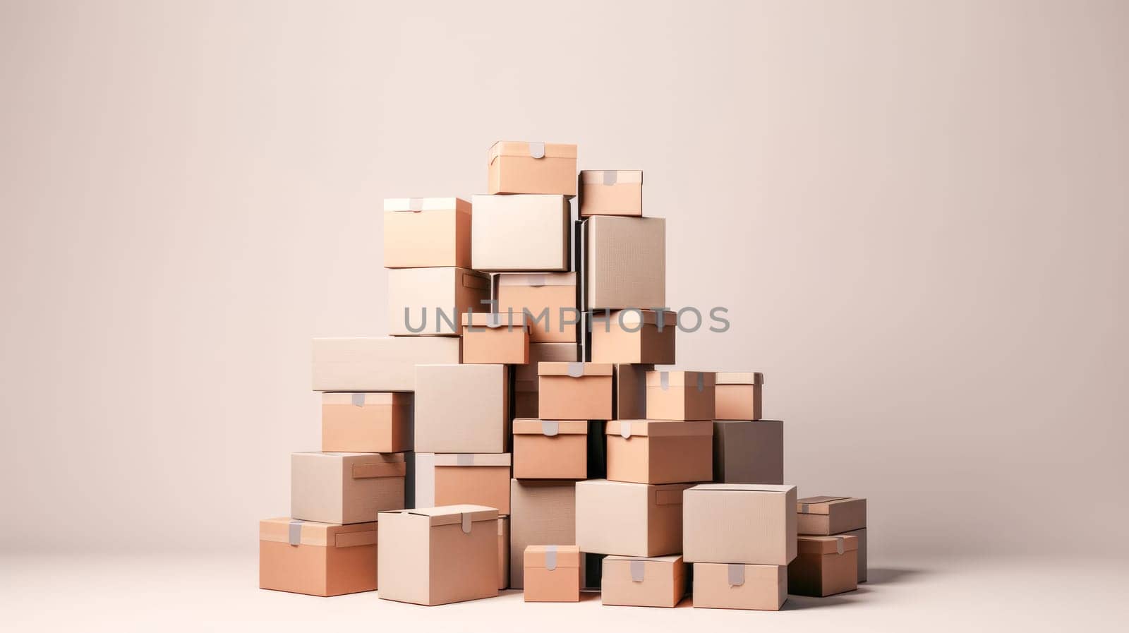 Pile of cardboard boxes packages on white background. Generative Ai