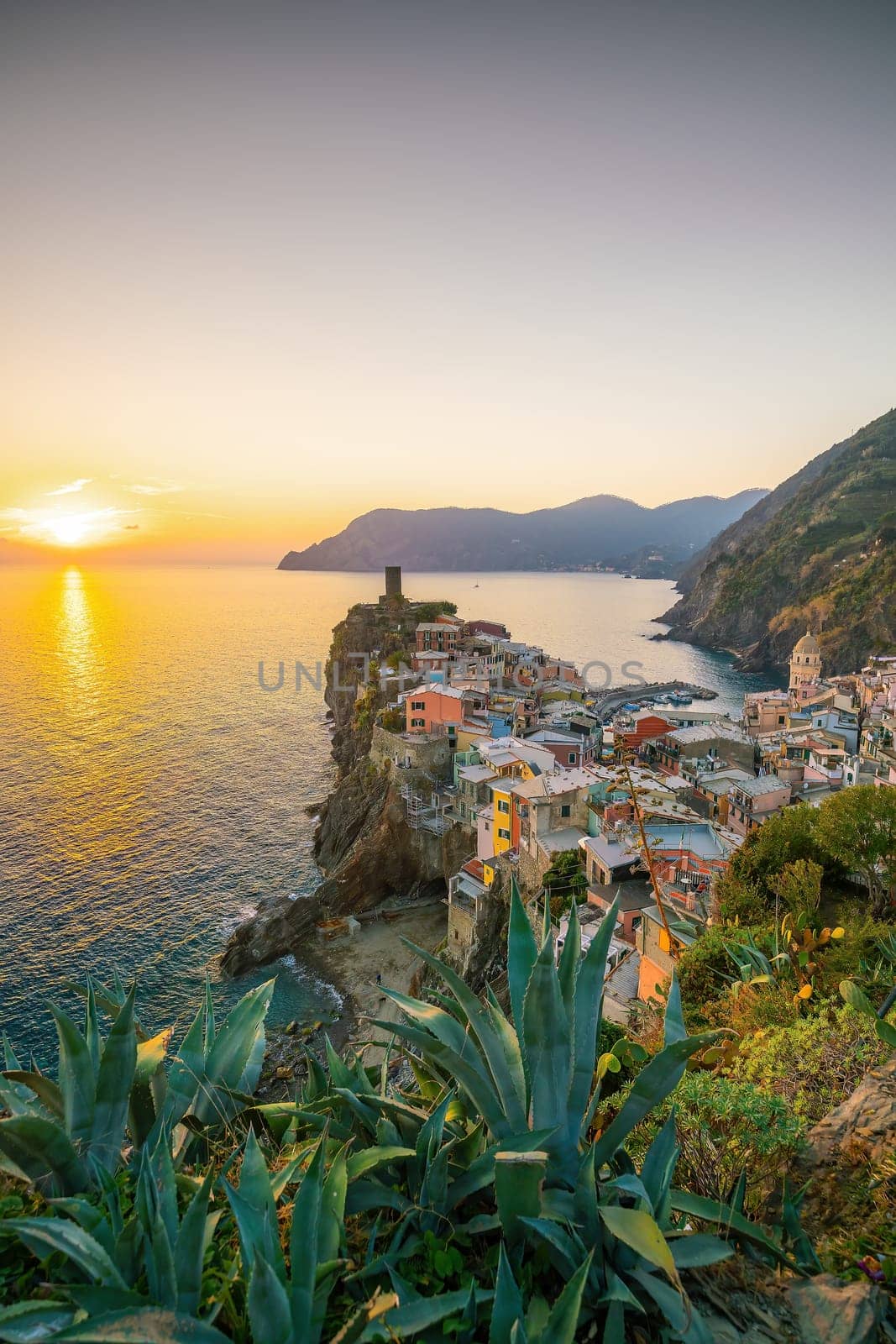 Colorful cityscape of buildings over Mediterranean sea, Europe, Cinque Terre in Italy by f11photo