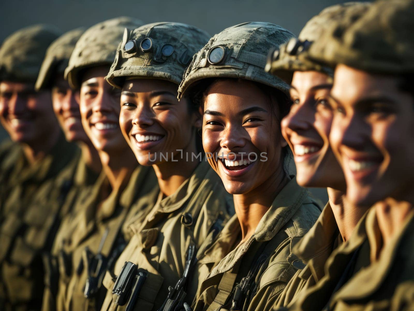 Portrait of a smiling young American US special forces soldiers in military uniform in the battle field. Generative ai. by JuliaDorian