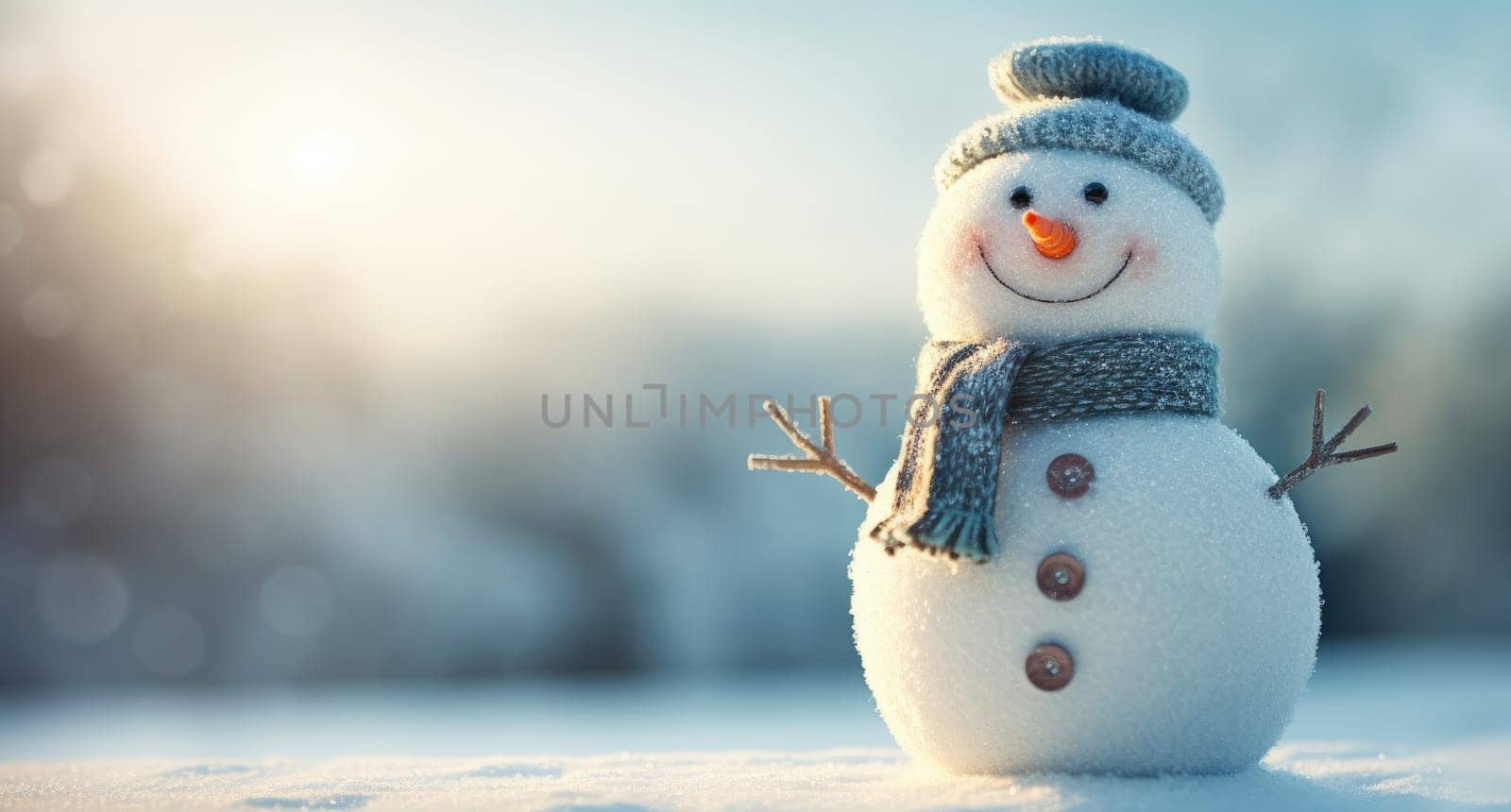 Small snowman on the background of a winter landscape