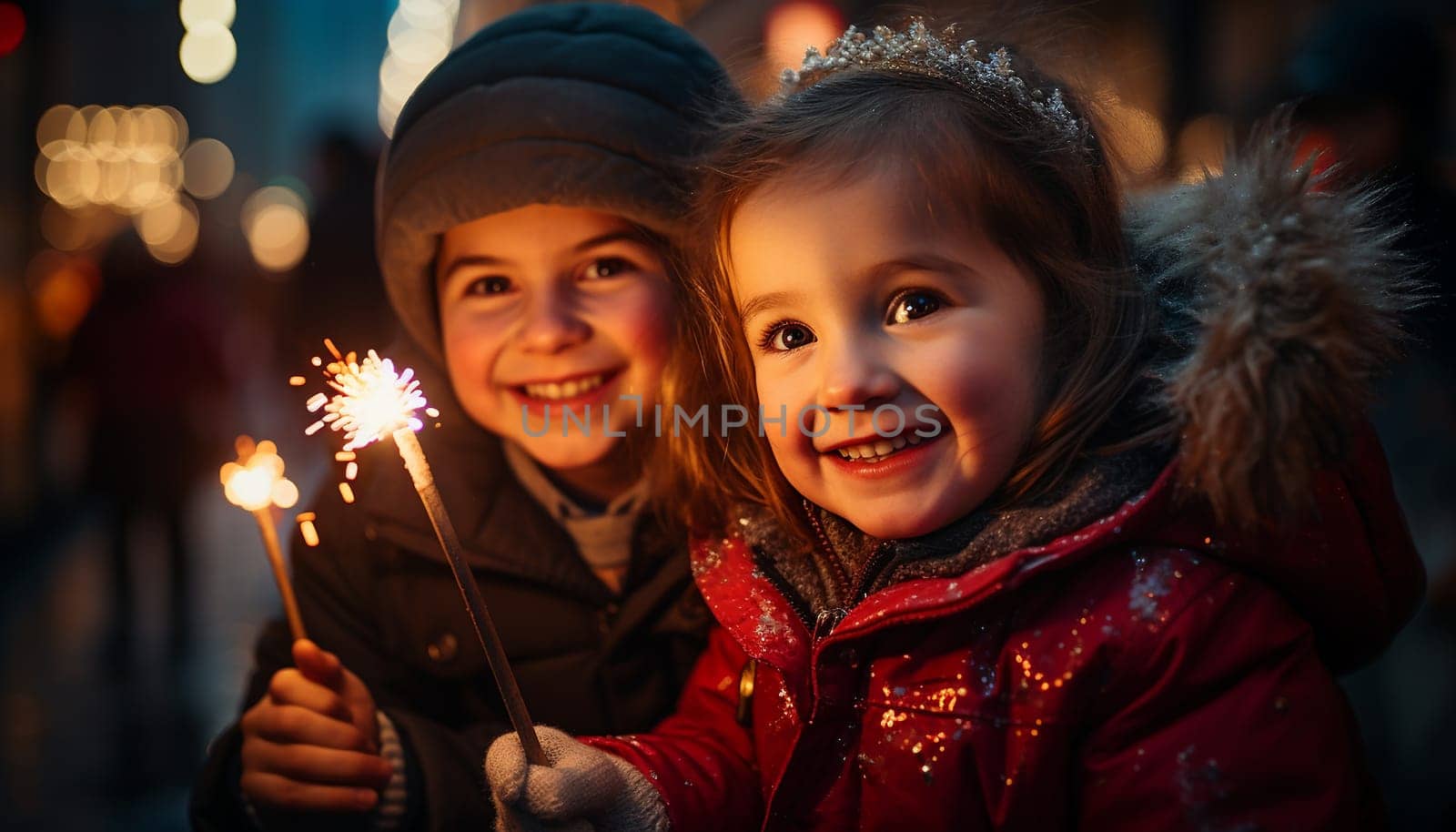 Children with fireworks stick. Holiday dynamic postcard. Happy children holding a lighted fireworks on a blurred background of a bright Christmas garland. Meeting the new year. Christmas evening Happy New Year concept copy space