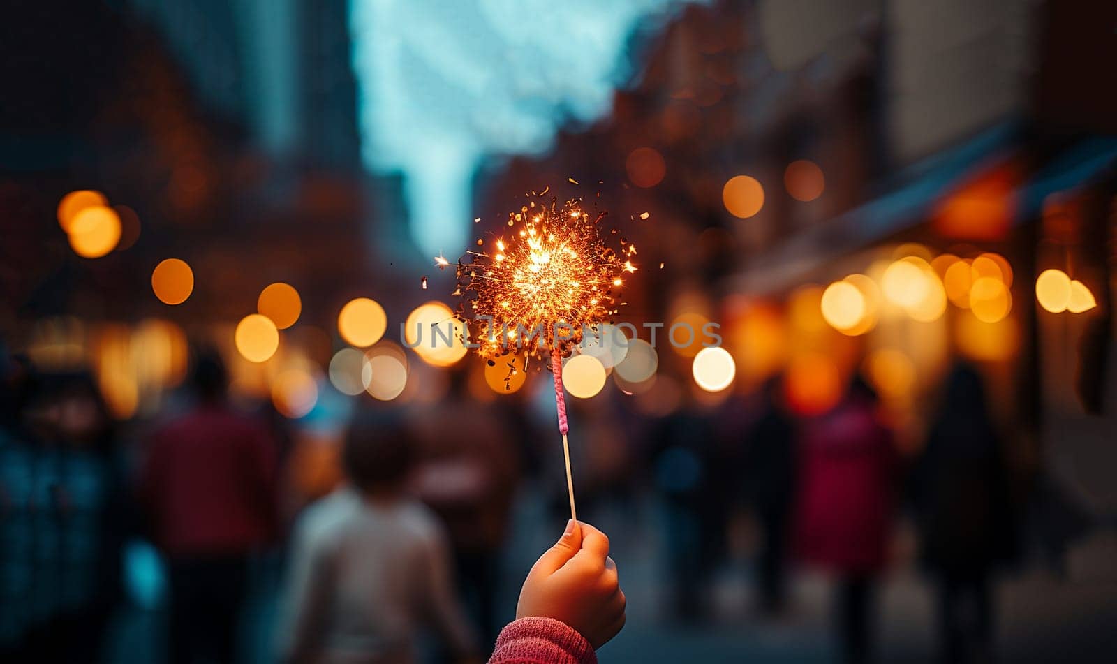 Children with fireworks stick. Holiday dynamic postcard. Happy children holding a lighted fireworks on a blurred background of a bright Christmas garland. Meeting the new year. Christmas evening Happy New Year concept copy space