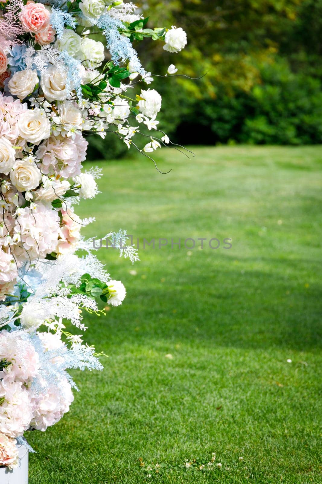 Flowers of different varieties on the left side of the photo in front of a green lawn field. High quality photo
