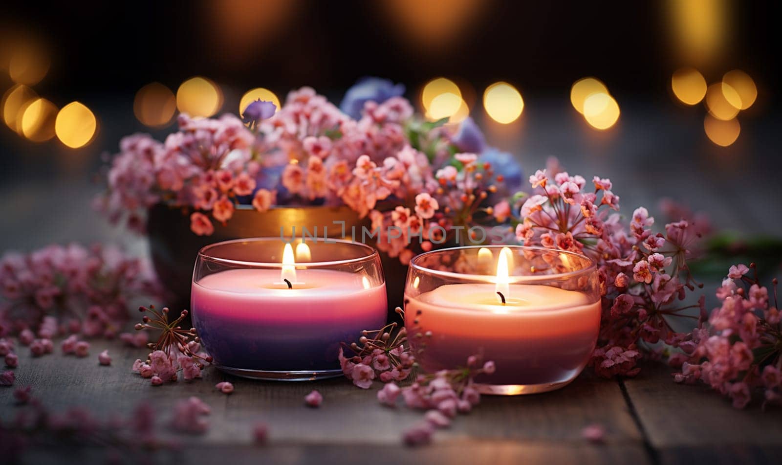 Colorful dreamy candles on bokeh background on wooden table surrounded with pink flowers. Dreamy design,Candles against bokeh lights background for clean Spa, valentine, wedding theme. Love and Peace copy space