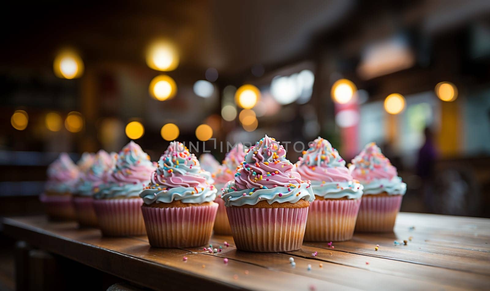 Delicious birthday cupcakes with blurred bokeh lights background pastel colored, unicorn theme for children copy space fresh cakes space for text