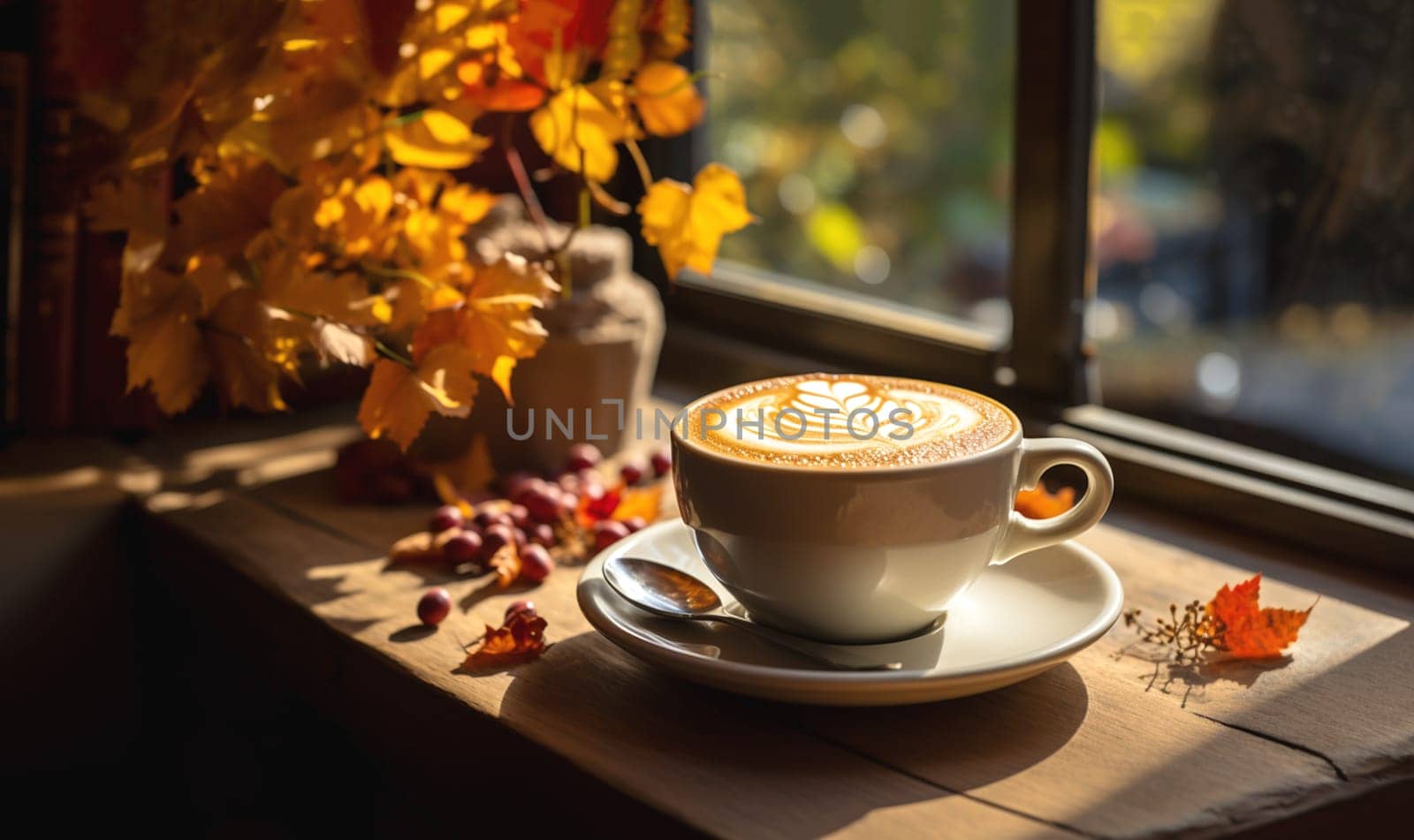 Hot cappuccino coffee with old book and warm autumn decor on wooden shelf by the window. Autumn mood concept. Winter mood concept. Warm autumn or winter picture. Selective focus. At home. Time for relax. Fall colors cozy