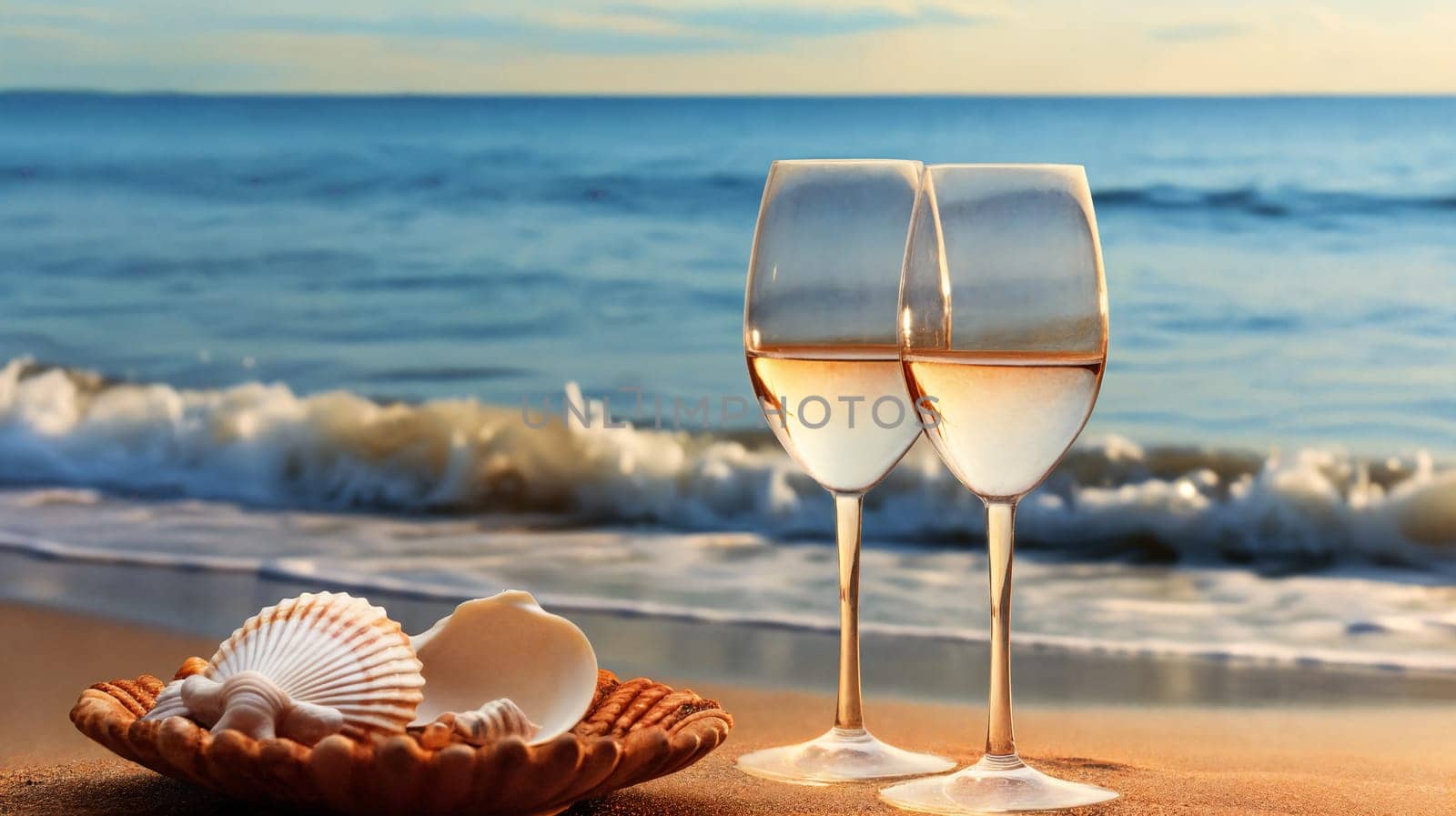 Two glass of wine rest upon the sandy beach, accompanied by a seashell. Generative AI.