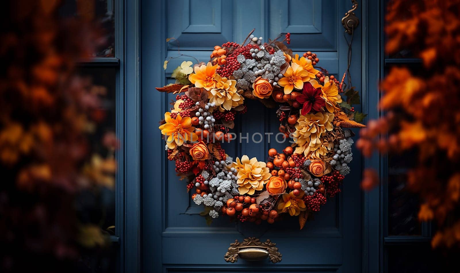 Decorative bright autumn wreath hanging on front door of house door close up. Beautiful Festive decoration for Thanksgiving or Halloween party. Fall season background October, Autumn Fall concept decoration